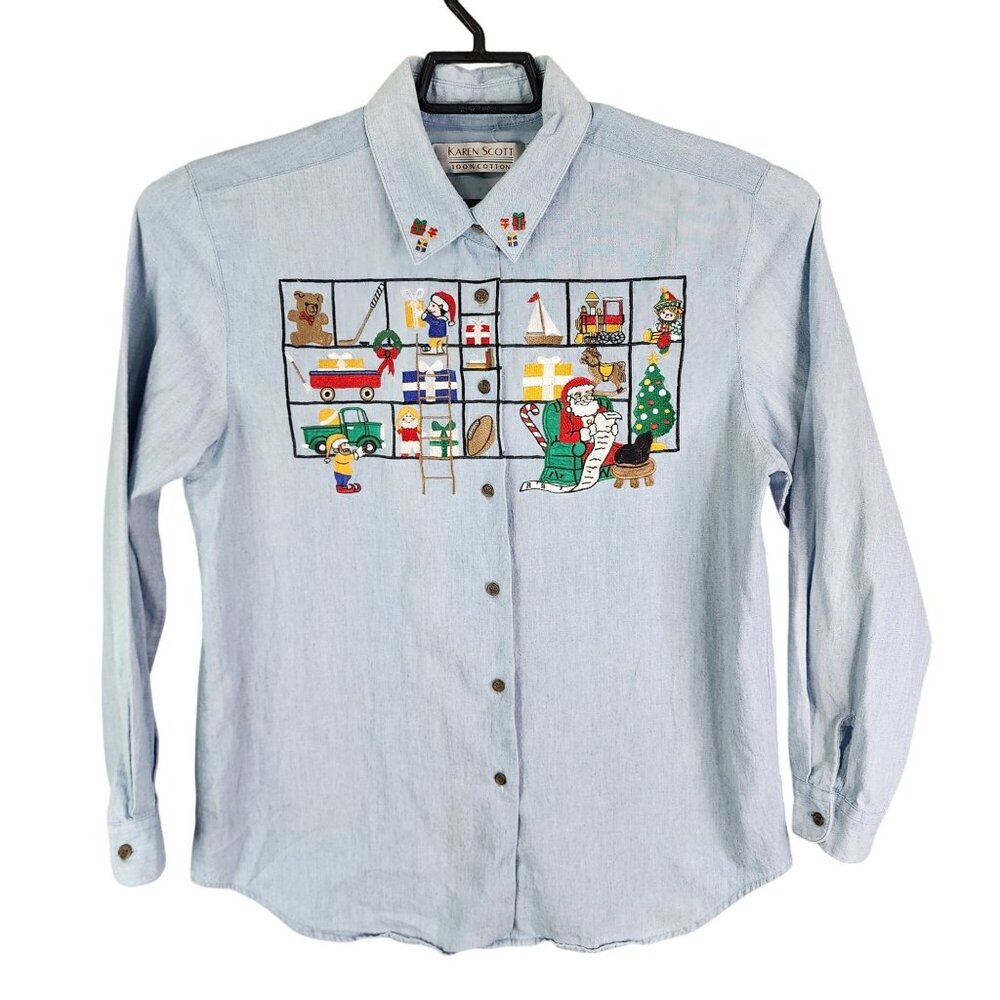 Karen Scott Holiday Themed Blue Denim Shirt Long Sleeve Christmas Embroidery XL